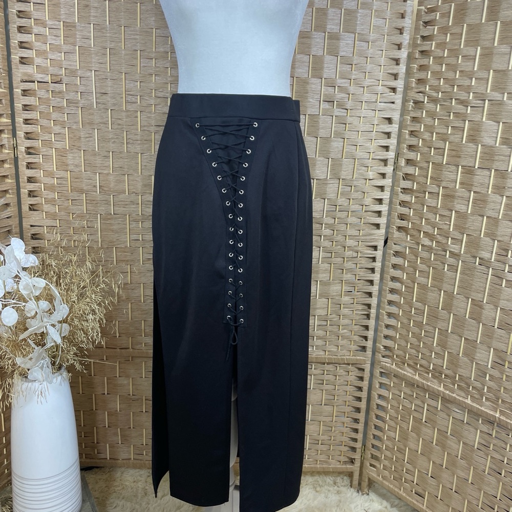 Black Lace-Up Front Midi Skirt